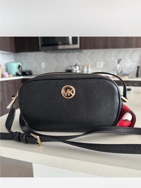 Michael Kors Black Pebbled Leather Crossbody with Gold MK Logo